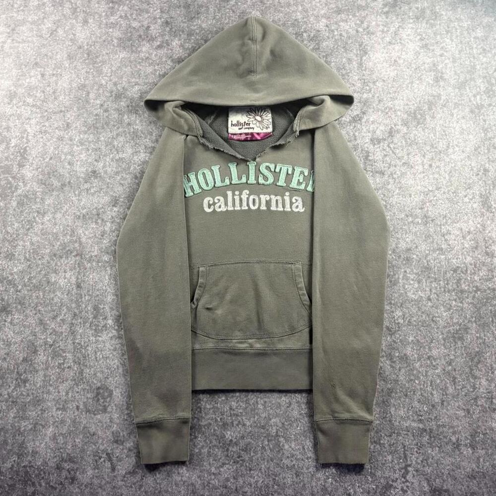 Vintage Y2K Hollister Surf Company Womens Gray Olive Logo Applique Hoodie
